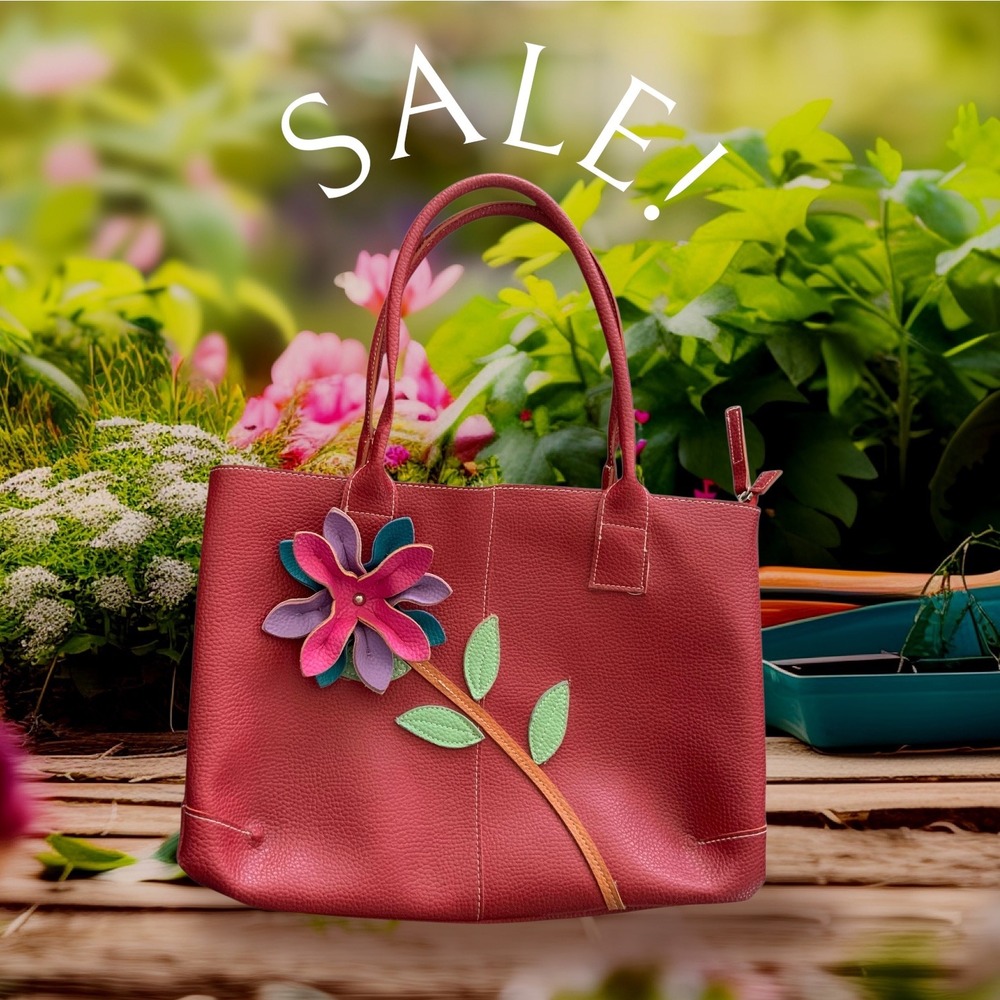 Red Faux Leather Tote‎ with decorative Flower